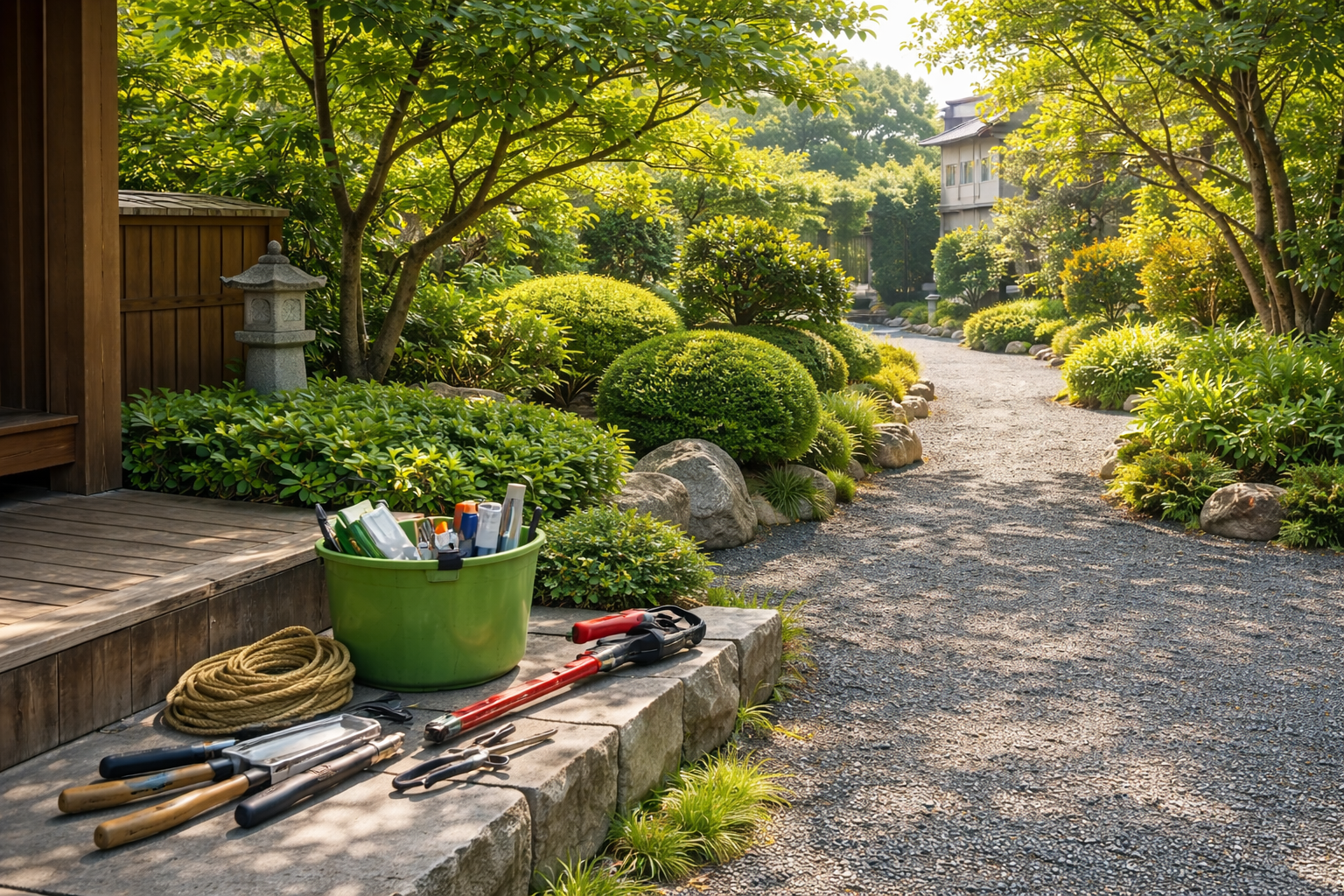 〇〇造園についてのヒーロー画像｜手入れされた庭と造園道具