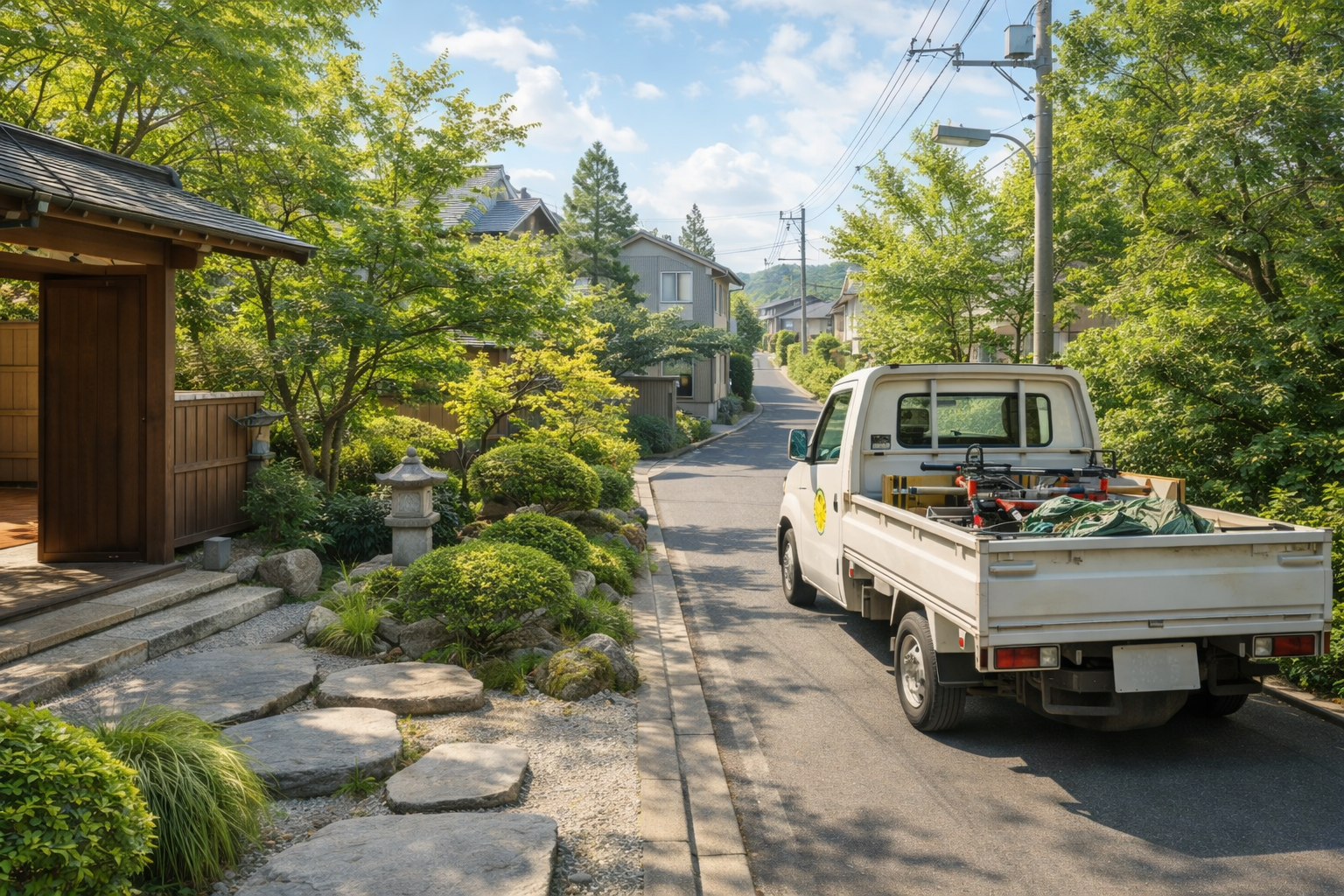 対応エリアの住宅街へ向かう造園作業の軽トラック（アクセス・対応エリア）