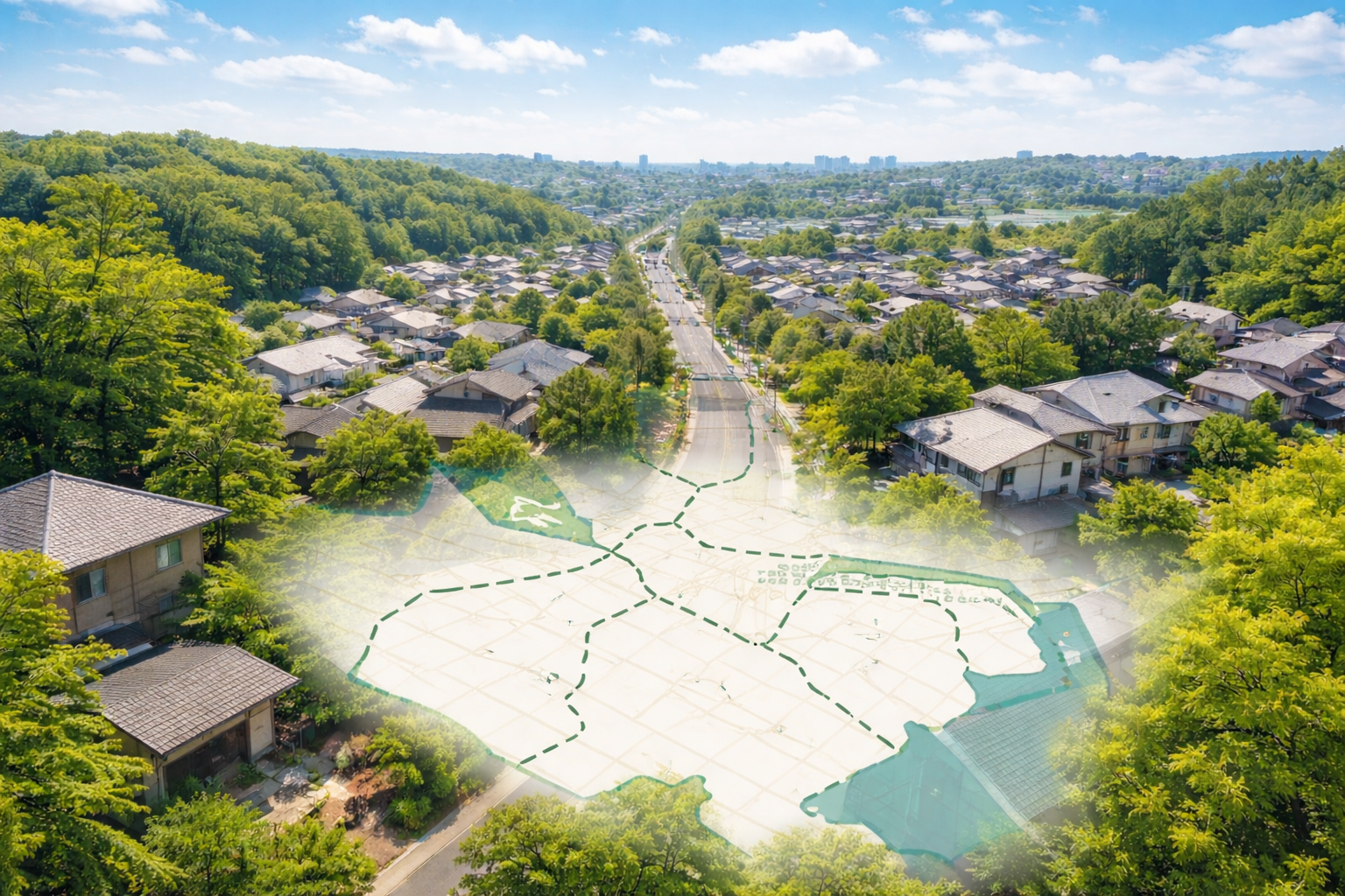 対応エリアの住宅街と緑の風景（アクセス・対応エリア）