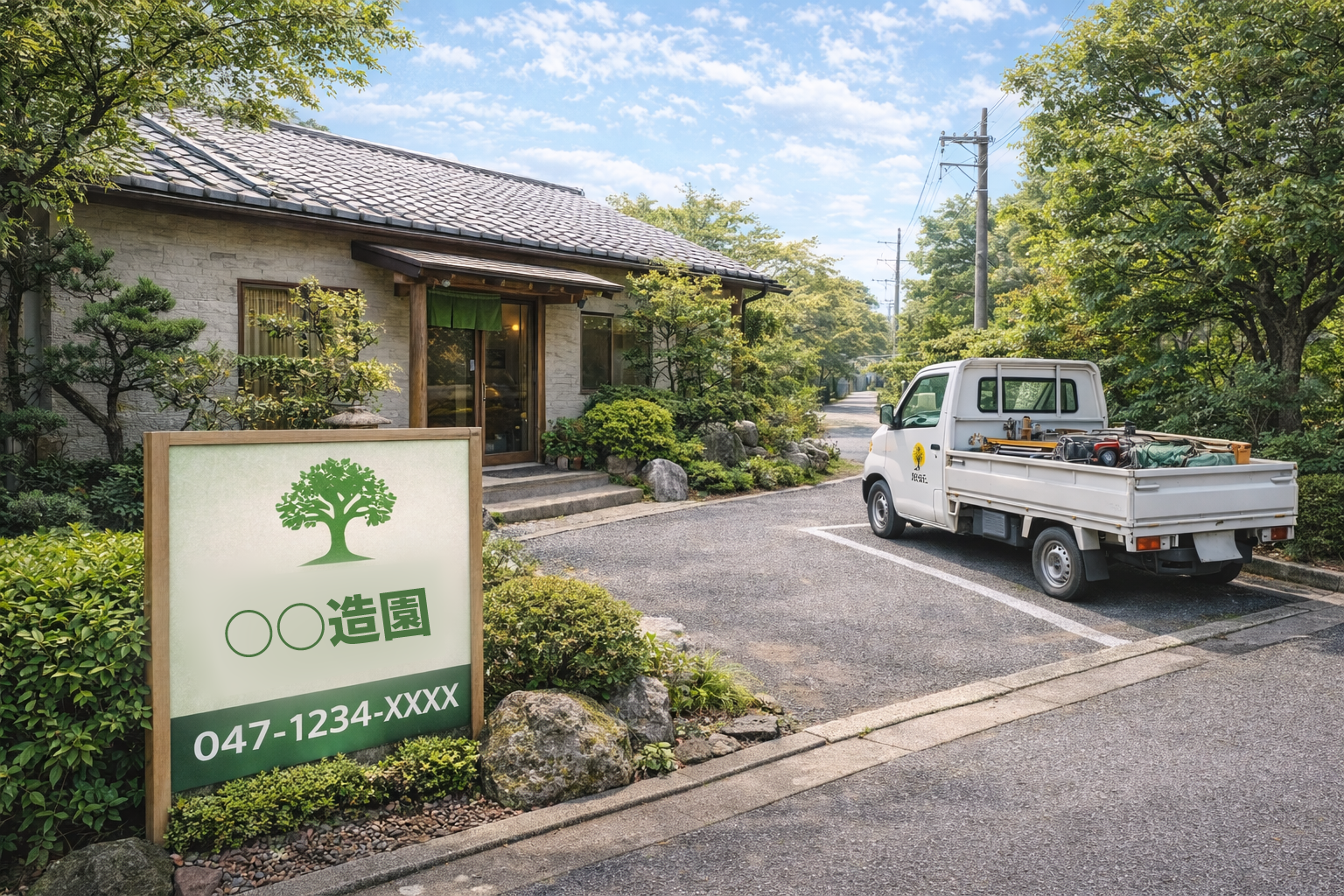 〇〇造園の外観と看板、駐車場の様子（アクセス案内）