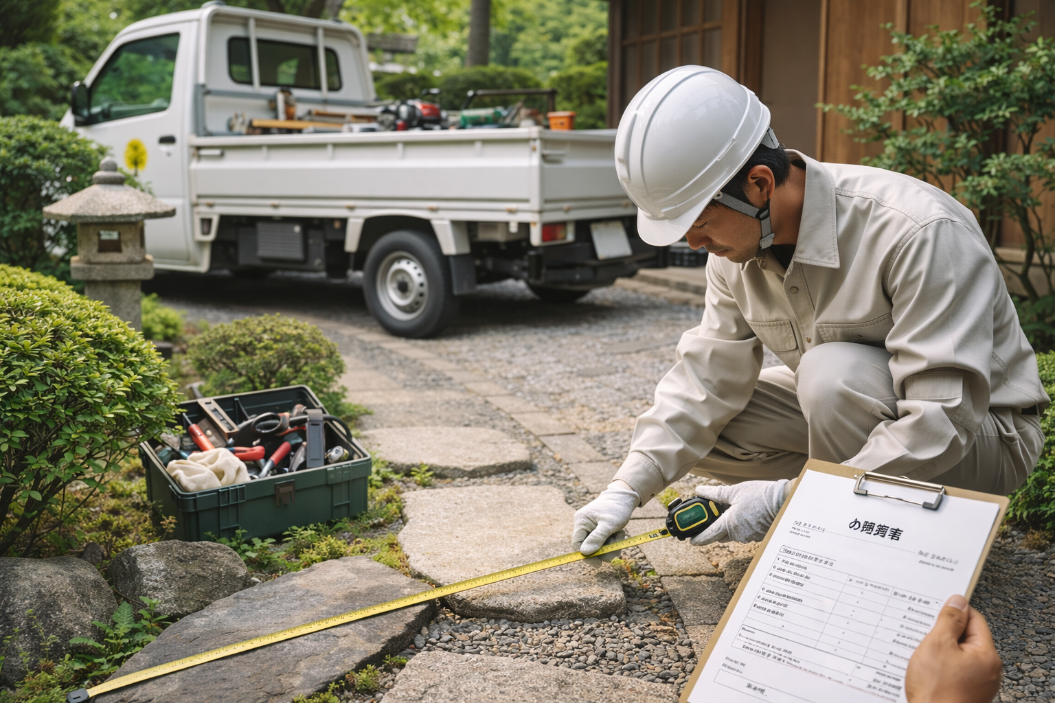 造園スタッフが現地で採寸し、見積りの確認をしている様子