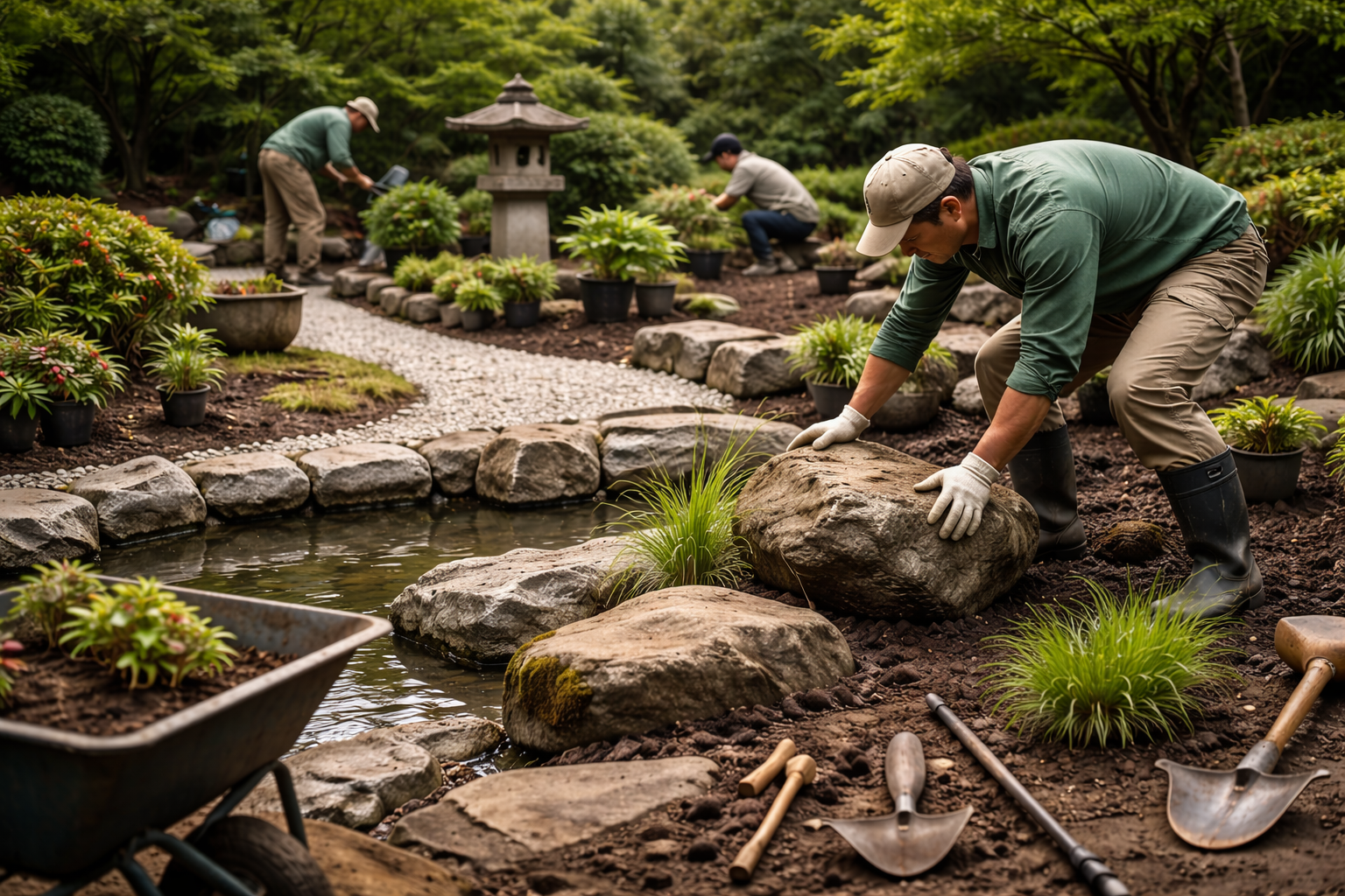 庭づくりの作業風景(石組み・植栽で庭を整える様子)