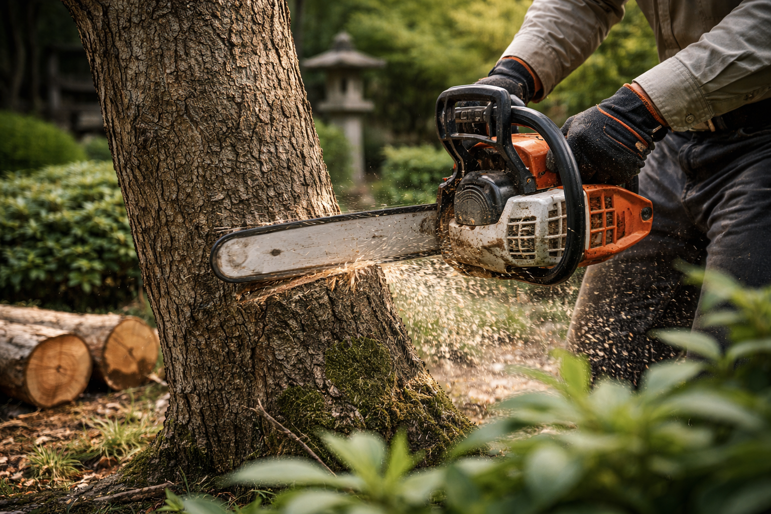 庭木の伐採作業の様子(チェーンソーで切り倒す作業)