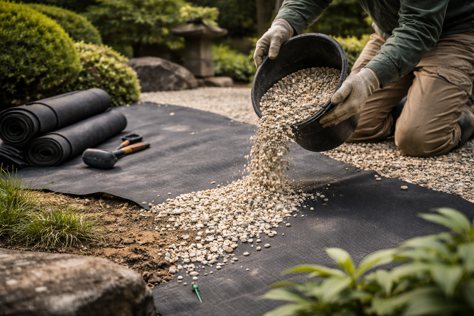防草シート敷きと砂利敷きの作業風景(雑草対策)